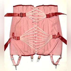 50s Inspired Hand Dyed Pink/Red Fan Laced Boned Open Bottom Girdle w 4 Garters